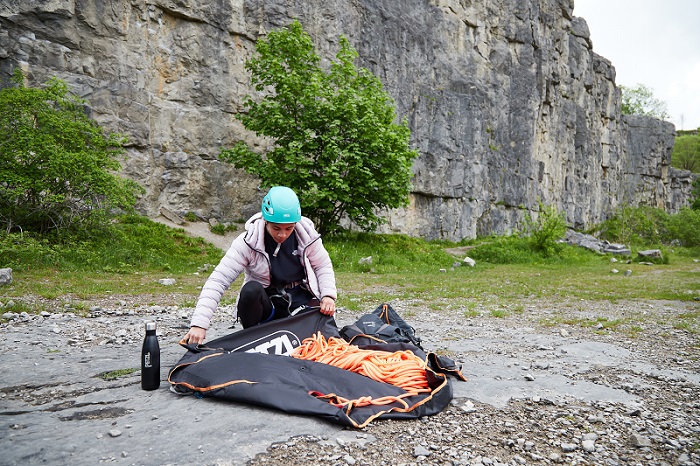 climbing rope and rope bag